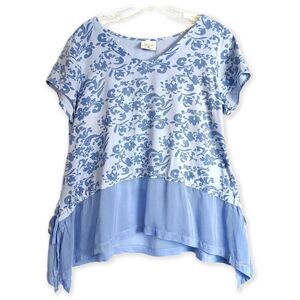Click by CMC Blue Toile Floral Tencel Rayon Tunic Sharkbite Hem Lagenlook Size M